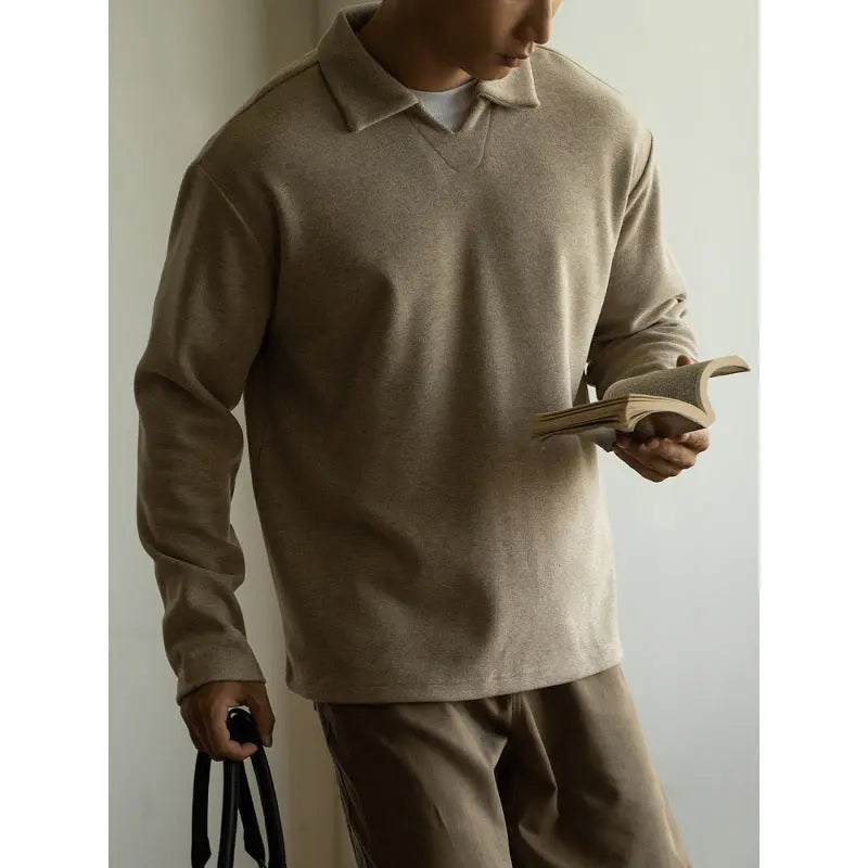 Old Money Style Woolen Sweater With Shoulder Sleeves And Small V-neck Polo Shirt - Dhago