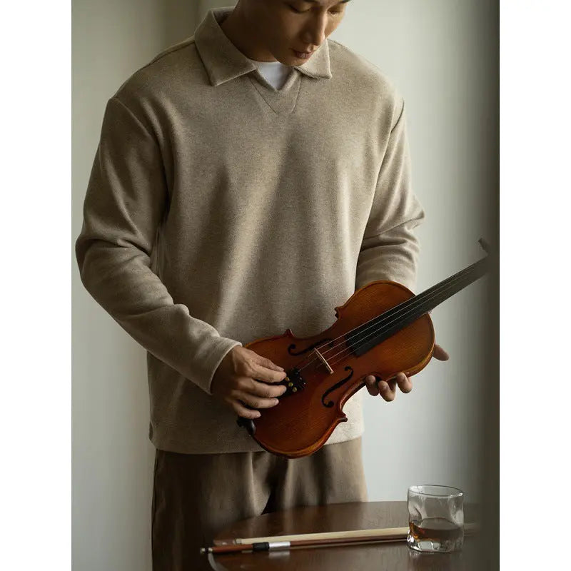 Old Money Style Woolen Sweater With Shoulder Sleeves And Small V-neck Polo Shirt - Dhago