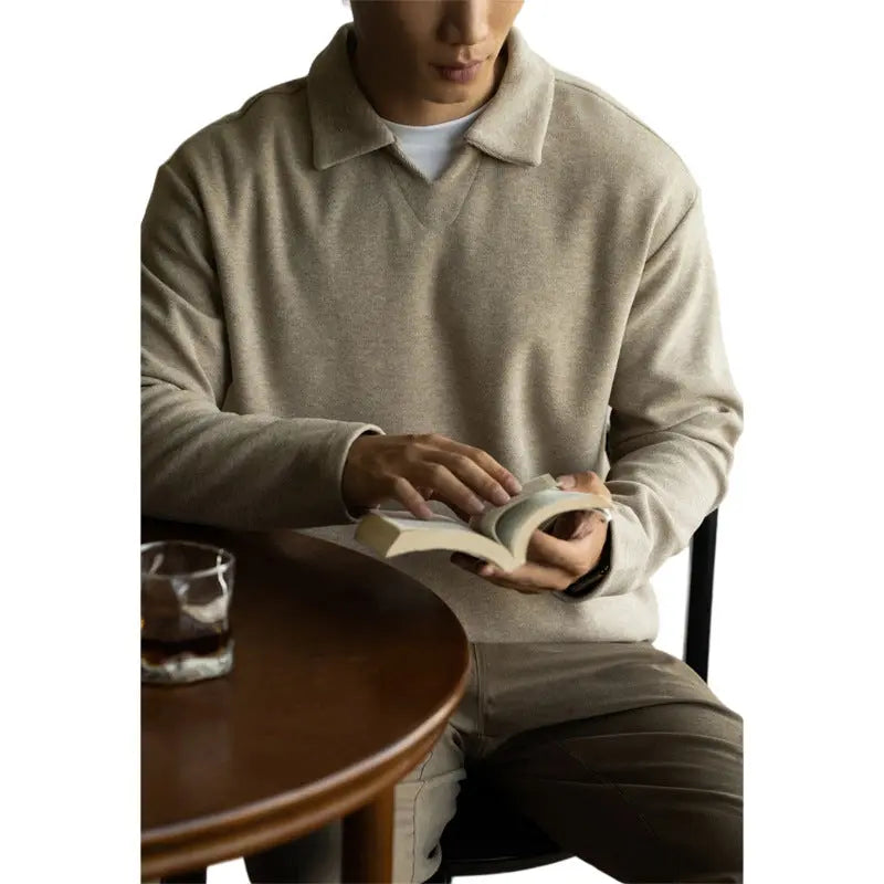 Old Money Style Woolen Sweater With Shoulder Sleeves And Small V-neck Polo Shirt - Dhago