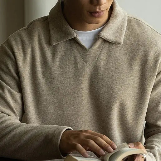 Old Money Style Woolen Sweater With Shoulder Sleeves And Small V-neck Polo Shirt - Dhago